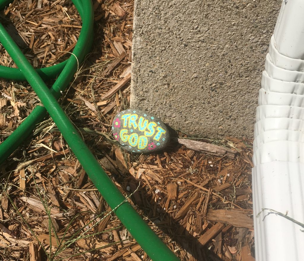 Gardent rock painted to say "Trust God"