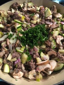 the hash in a pan that will bake to become the acorn stuffing