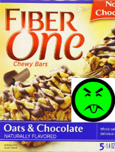 box of Fiber One Oats and Chocolate bars with a green poison sticker layed on top
