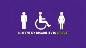 purple background with man image, wheelchair image, and woman image. Words: "Not every disability is visible."